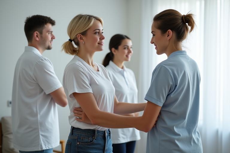 Expert en physiothérapie guidant un patient pour la correction posturale